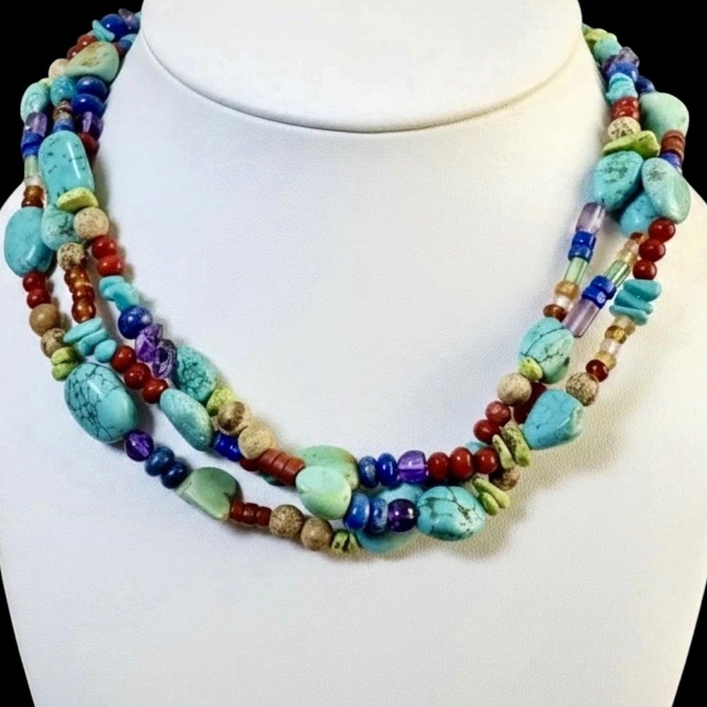 Shube's Dakota Southwestern Turquoise Necklace 3 Strand Beaded 925 Silver Boho